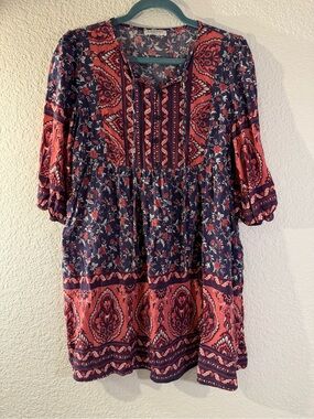 Chigant Casual Swing Dress Floral Paisley Boho Size S blue, pink and white
